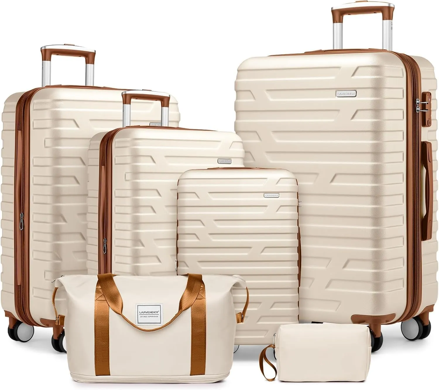6 Piece Luggage Sets, Carry On Luggage Set with Travel Bag & Toiletry Bag, Expandable ABS Suitcase with Double Spinner Wheels, Checked Hardshell Suitcase 18/20/24/28in for Women Girl, Beige