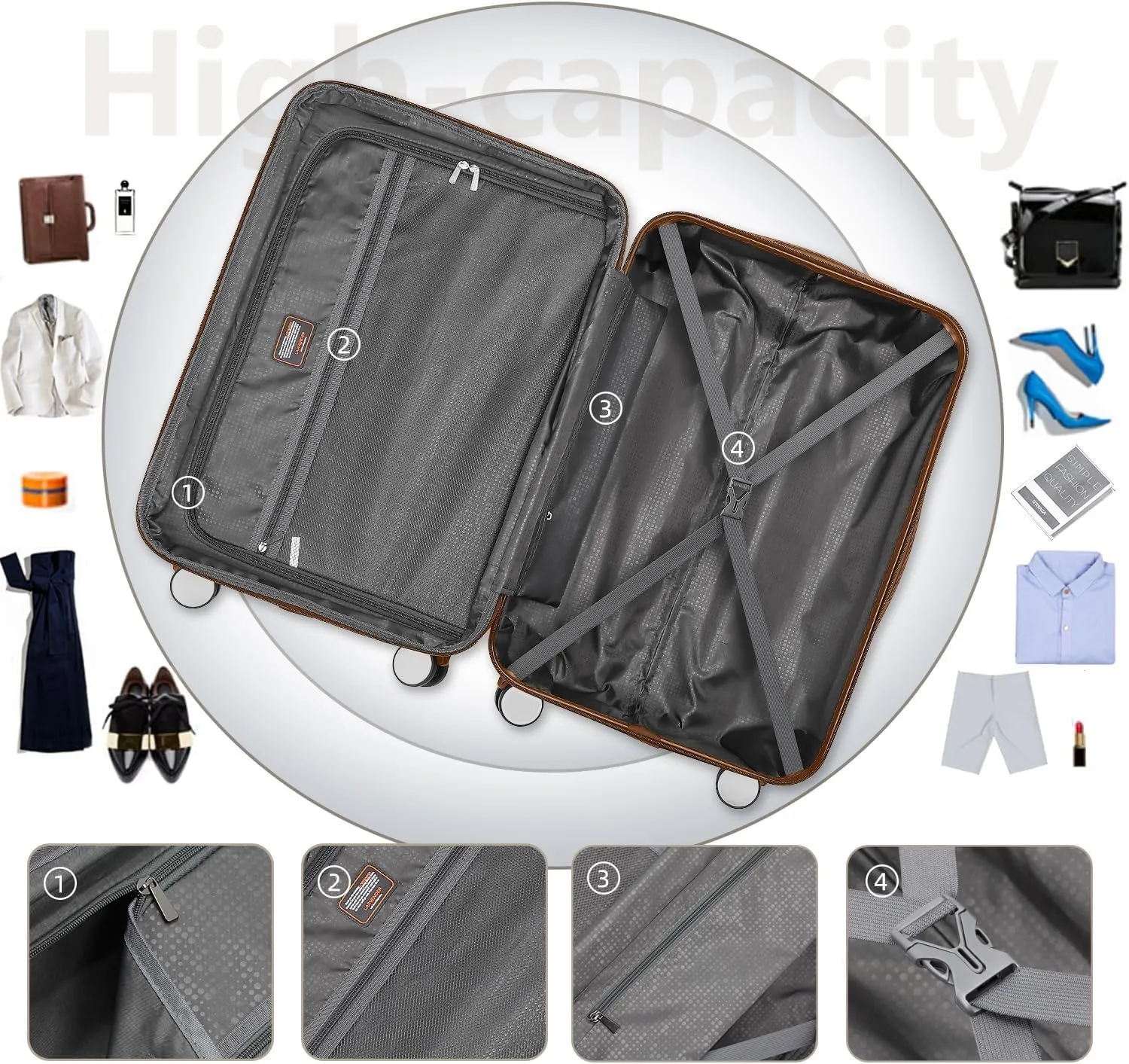 6 Piece Luggage Sets, Carry On Luggage Set with Travel Bag & Toiletry Bag, Expandable ABS Suitcase with Double Spinner Wheels, Checked Hardshell Suitcase 18/20/24/28in for Women Girl, Beige