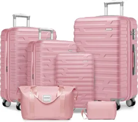 6 Piece Luggage Sets, Carry On Luggage Set with Travel Bag & Toiletry Bag, Expandable ABS Suitcase with Double Spinner Wheels, Checked Hardshell Suitcase 18/20/24/28in for Women Girl, Pink