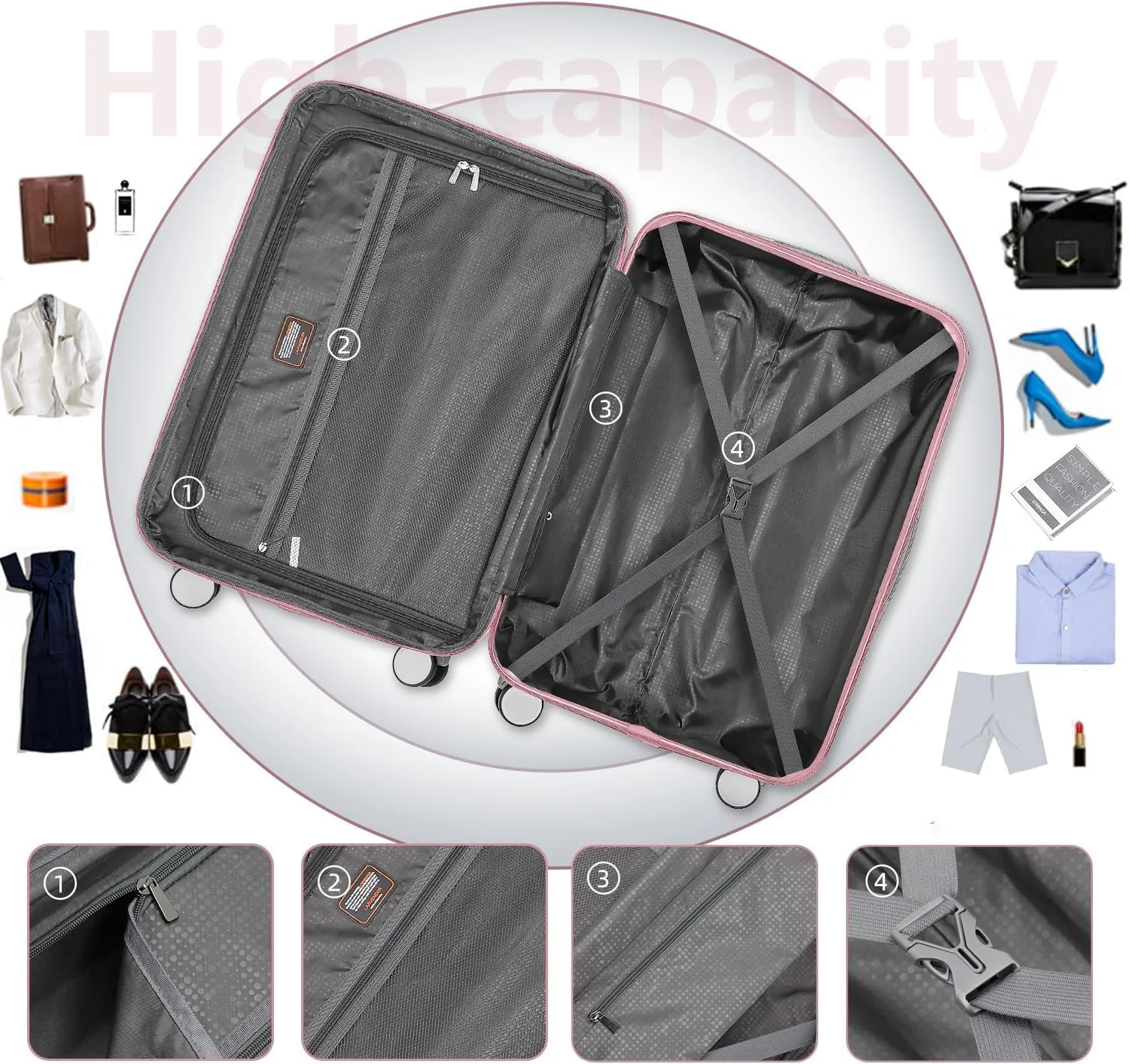 6 Piece Luggage Sets, Carry On Luggage Set with Travel Bag & Toiletry Bag, Expandable ABS Suitcase with Double Spinner Wheels, Checked Hardshell Suitcase 18/20/24/28in for Women Girl, Pink