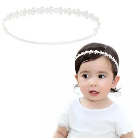 Baptism Headband for Baby Girl - White Lace Hair Accessories With Pearl Bow Flower for Newborn, Toddler Christening