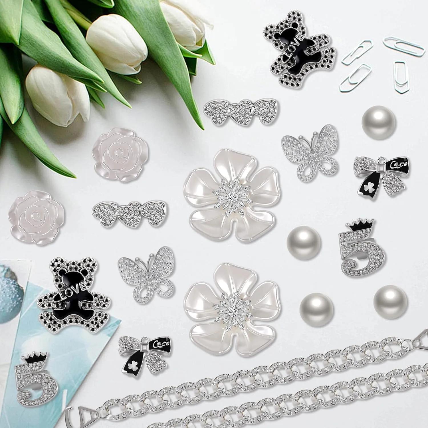 Bling Shoe Charms, Jewelry Chain Accessories for Women Girls - Luxury Rhinestone Decoration for Clogs, Cute Designer Butterfly Flower Jewels for Birthday Party Favors