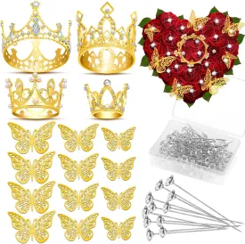 cridoz Gold Crowns for Flower Bouquets, Flower Bouquet Accessories Including 4 Pcs Bouquet Crown, 12 Pcs Butterfly Decorations and 50 Pcs Flower Pins for Birthday Wedding Baby Shower