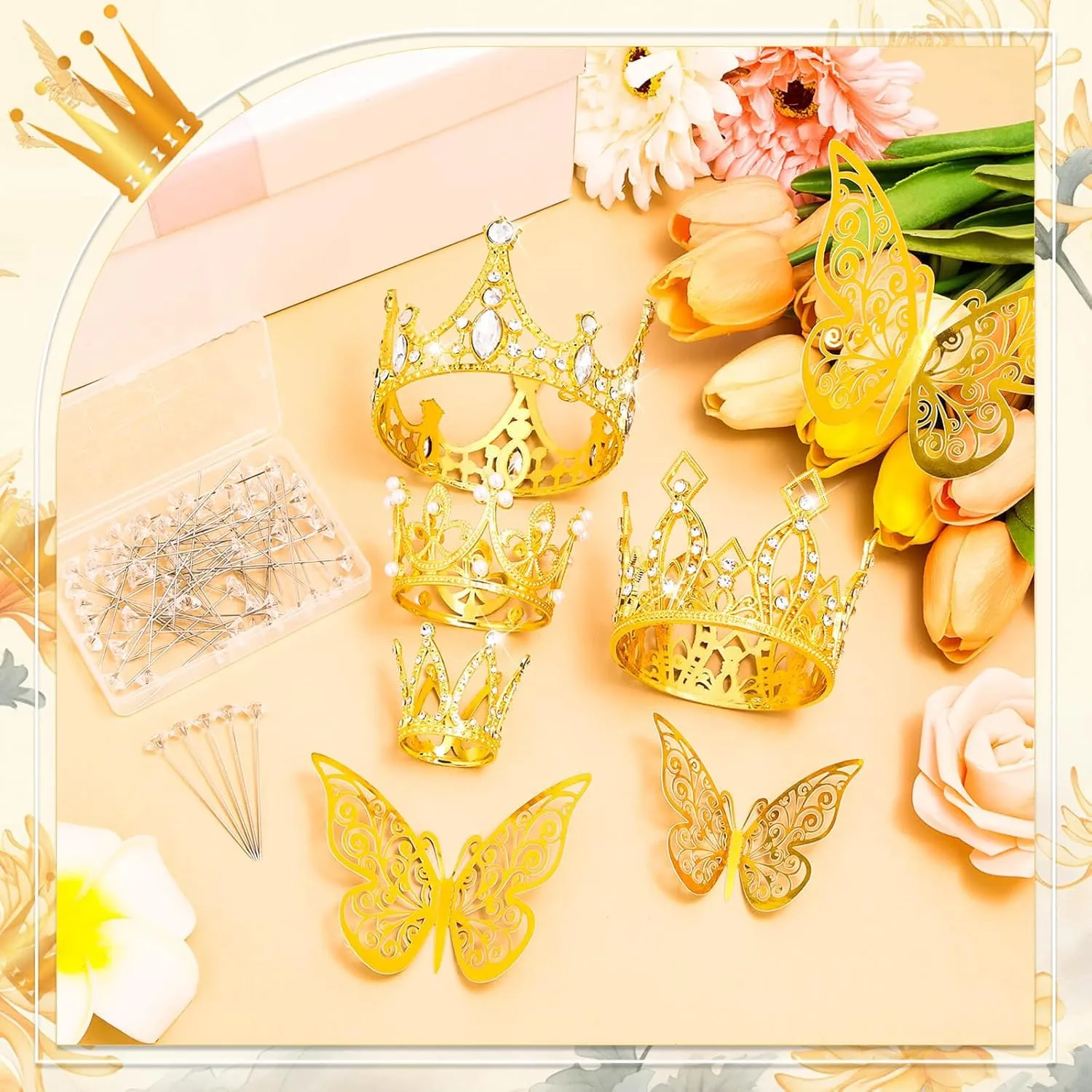 cridoz Gold Crowns for Flower Bouquets, Flower Bouquet Accessories Including 4 Pcs Bouquet Crown, 12 Pcs Butterfly Decorations and 50 Pcs Flower Pins for Birthday Wedding Baby Shower