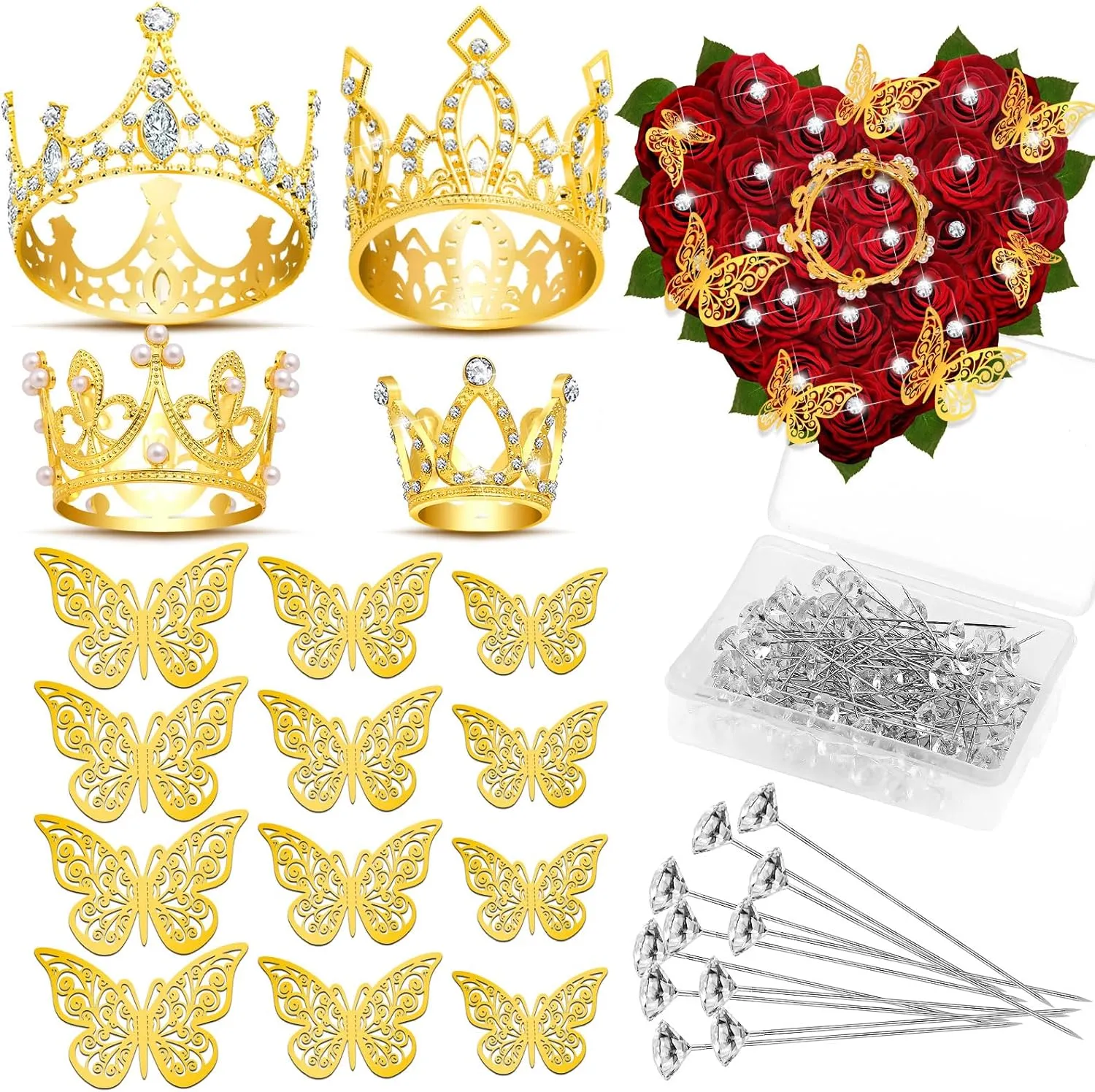 cridoz Gold Crowns for Flower Bouquets, Flower Bouquet Accessories Including 4 Pcs Bouquet Crown, 12 Pcs Butterfly Decorations and 50 Pcs Flower Pins for Birthday Wedding Baby Shower