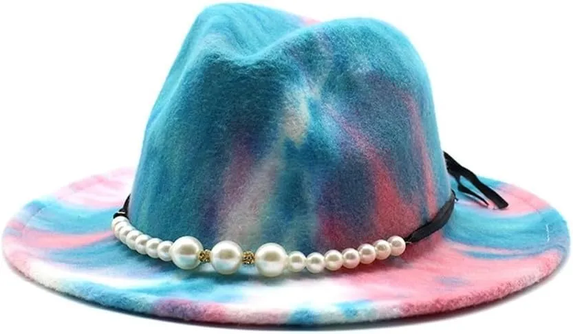 DHAEY Autumn and Winter Tie-Dyed Colored Wool Hat Fashion Flat Brim Pearl Jazz Hat European and American Style New Felt Hat Luopan Caps & Hats (Color : Blue Yellow, Size : 56-58cm)
