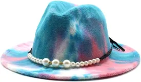 DHAEY Autumn and Winter Tie-Dyed Colored Wool Hat Fashion Flat Brim Pearl Jazz Hat European and American Style New Felt Hat Luopan Caps & Hats (Color : Blue Yellow, Size : 56-58cm)