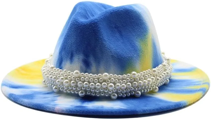DHAEY Autumn and Winter Tie-Dyed Colored Wool Jazz Hat European and American Style Flat Brim Felt Hat with Pearl Belt Luopan Caps & Hats (Color : Blue Yellow, Size : 56-58cm)