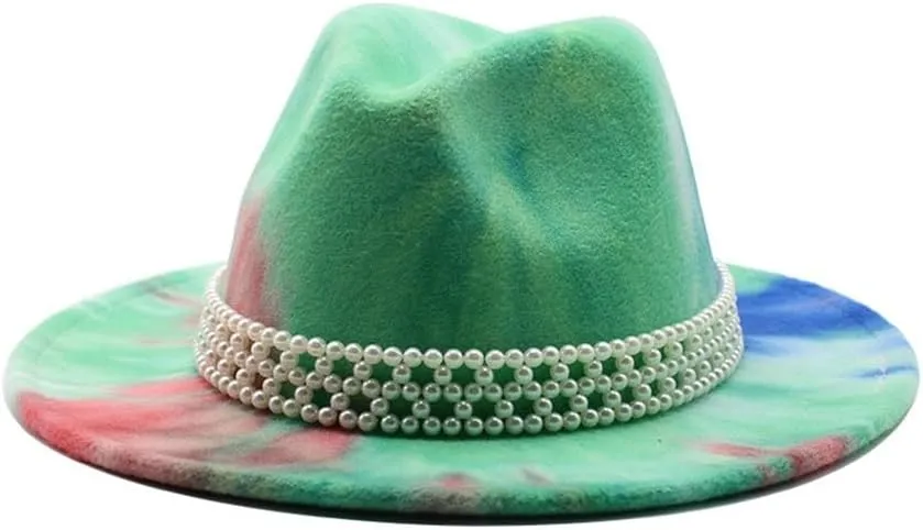 DHAEY European and American Style New Felt Hat, Autumn and Winter Tie-Dyed Wool Fashion Flat Brim Jazz Hat with Pearl Belt Luopan Caps & Hats (Color : Apple Green, Size : 56-58cm)