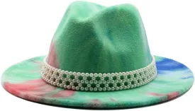 DHAEY European and American Style New Felt Hat, Autumn and Winter Tie-Dyed Wool Fashion Flat Brim Jazz Hat with Pearl Belt Luopan Caps & Hats (Color : Apple Green, Size : 56-58cm)