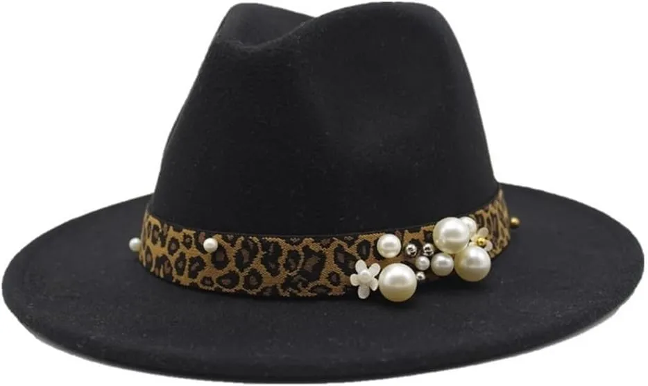 DHAEY Fashion Leopard Texture Pearl Wool Hat Men and Women Jazz Hat Autumn and Winter Versatile Felt Hat Flat Brim Hat with Leopard Belt Luopan Caps & Hats (Color : C8, Size : 56-58cm)