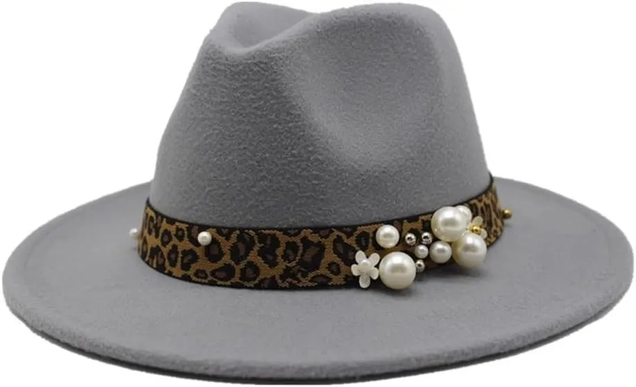 DHAEY Fashion Leopard Texture Pearl Wool Hat Men and Women Jazz Hat Autumn and Winter Versatile Felt Hat Flat Brim Hat with Leopard Belt Luopan Caps & Hats (Color : Light Grey, Size : 59-61cm)