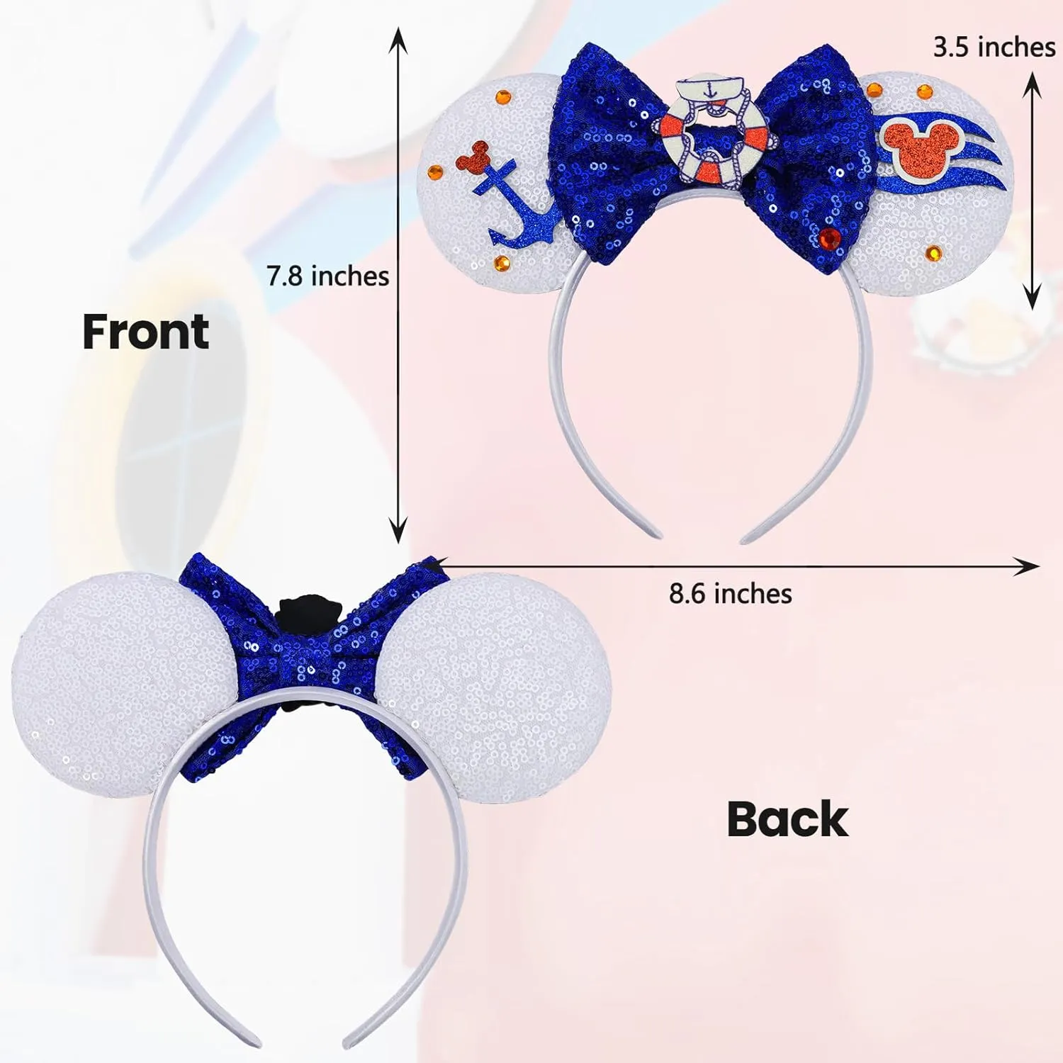 ETLUK Cruise Mouse Ears Headband, Nautical Ears Sequin Bow Headbands for Adult Women Girls, Parks Ears for Cosplay Accessories Party Decorations