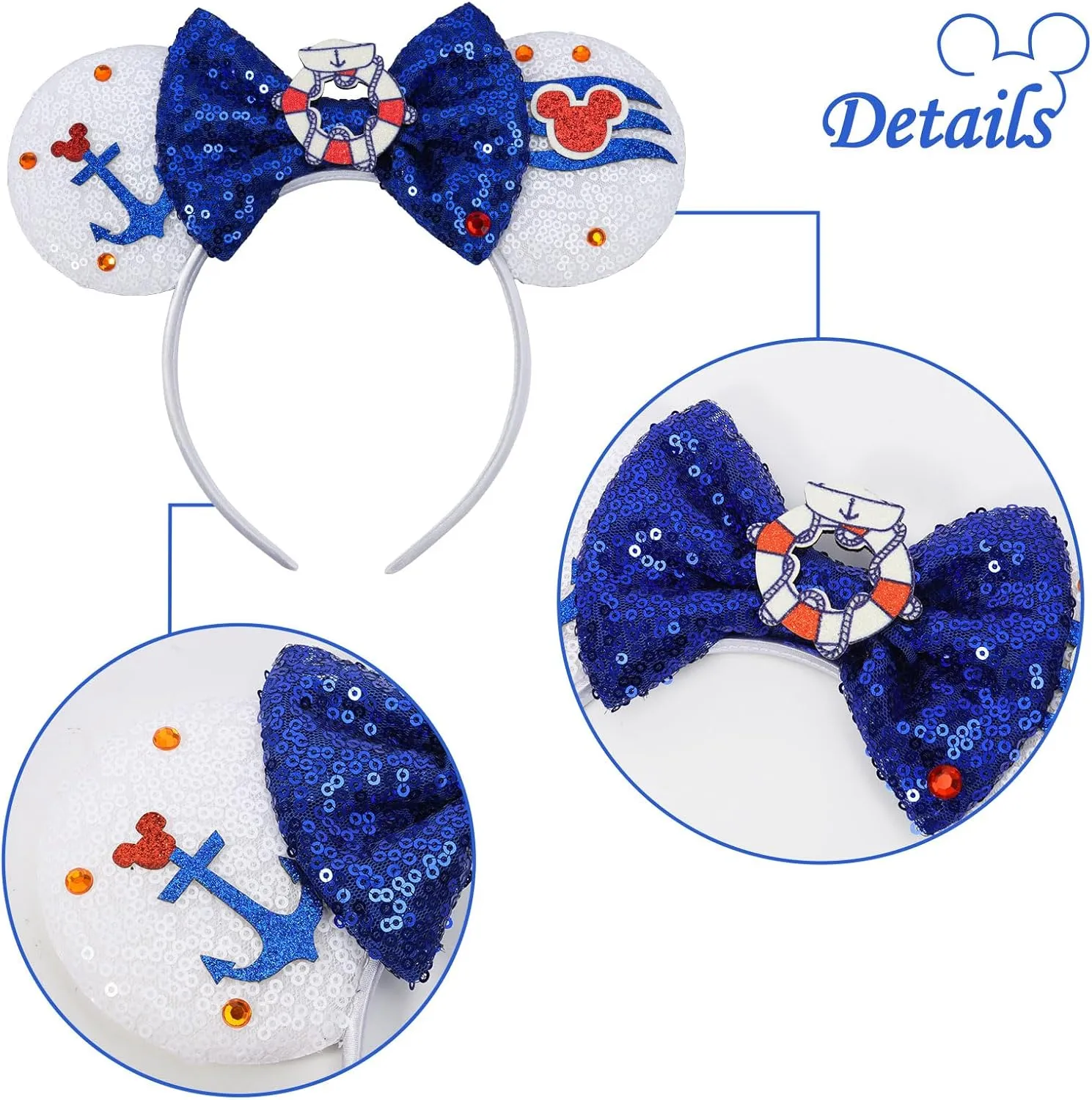 ETLUK Cruise Mouse Ears Headband, Nautical Ears Sequin Bow Headbands for Adult Women Girls, Parks Ears for Cosplay Accessories Party Decorations