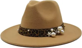 Fashion Leopard Texture Pearl Wool Hat Men and Women Jazz Hat Autumn and Winter Versatile Felt Hat Flat Brim Hat with Leopard Belt Fengyan Cowboy Hats (Color : Camel, Size : 56-58cm)