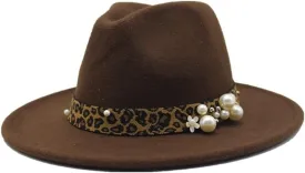 Fashion Leopard Texture Pearl Wool Hat Men and Women Jazz Hat Autumn and Winter Versatile Felt Hat Flat Brim Hat with Leopard Belt Luopan Caps & Hats (Color : Dark Coffee, Size : 56-58cm)