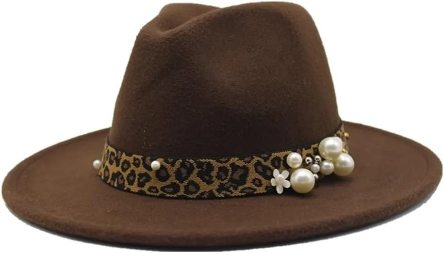 Fashion Leopard Texture Pearl Wool Hat Men and Women Jazz Hat Autumn and Winter Versatile Felt Hat Flat Brim Hat with Leopard Belt Luopan Caps & Hats (Color : Dark Coffee, Size : 56-58cm)