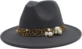 Fashion Leopard Texture Pearl Wool Hat Men and Women Jazz Hat Autumn and Winter Versatile Felt Hat Flat Brim Hat with Leopard Belt Luopan Caps & Hats (Color : Dark Grey, Size : 56-58cm)