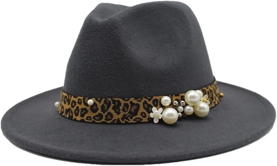Fashion Leopard Texture Pearl Wool Hat Men and Women Jazz Hat Autumn and Winter Versatile Felt Hat Flat Brim Hat with Leopard Belt Luopan Caps & Hats (Color : Dark Grey, Size : 56-58cm)