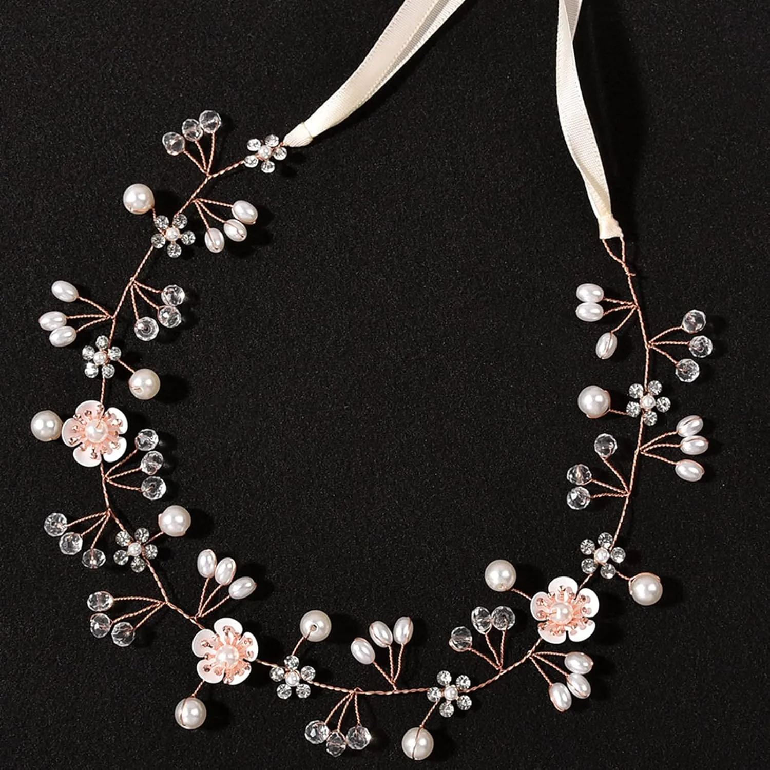 Flower Girl Hair Accessory - Princess Headpiece with Pearl Headband for Kids, Bridal Wedding, and Women (Rose Gold)