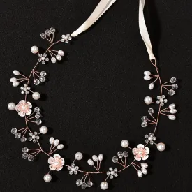 Flower Girl Hair Accessory - Princess Headpiece with Pearl Headband for Kids, Bridal Wedding, and Women (Rose Gold)