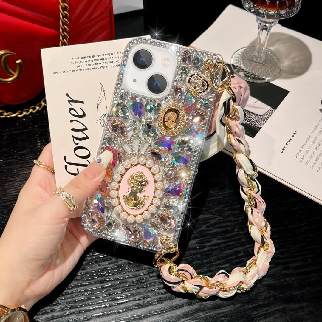for iPhone 13 Glitter Bling Case, Cute Luxury 3D Crystal Queen Rhinestone Full Diamond with Silk Scarf Wristband Chain Women Girls Case Cover for iPhone 13 6.1 inch 2021