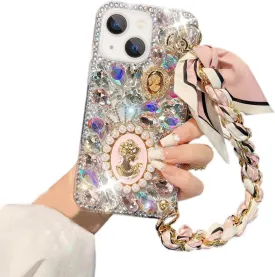 for iPhone 13 Glitter Bling Case, Cute Luxury 3D Crystal Queen Rhinestone Full Diamond with Silk Scarf Wristband Chain Women Girls Case Cover for iPhone 13 6.1 inch 2021