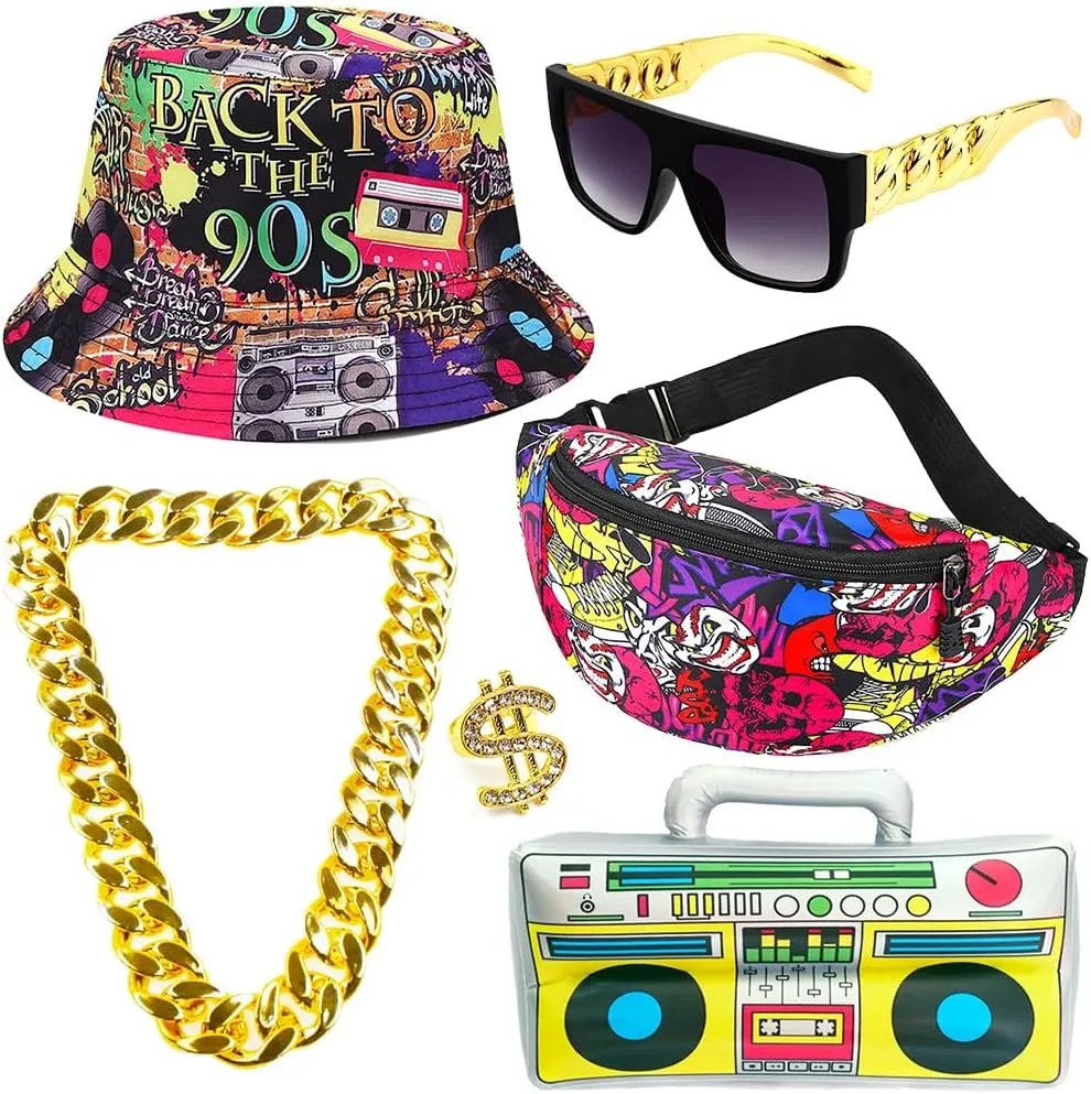 Gionforsy Hip Hop Costume Kit 80s 90s Outfits Accessories Rapper Accessories Bucket Hat Sunglasses Gold Chain Ring