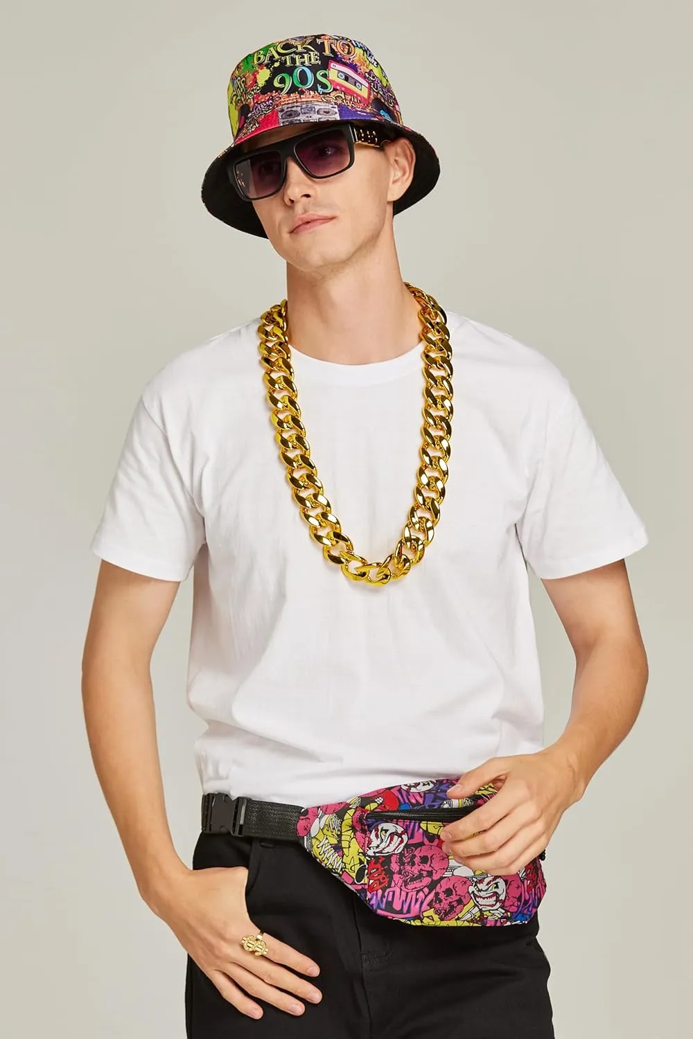 Gionforsy Hip Hop Costume Kit 80s 90s Outfits Accessories Rapper Accessories Bucket Hat Sunglasses Gold Chain Ring