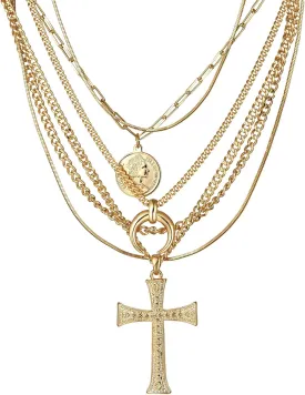 Gold Layered Necklace for Women, 14K Gold Plated Coin Cross Pendant Necklace Chunky Chain Choker Gold Layering Necklaces for Women