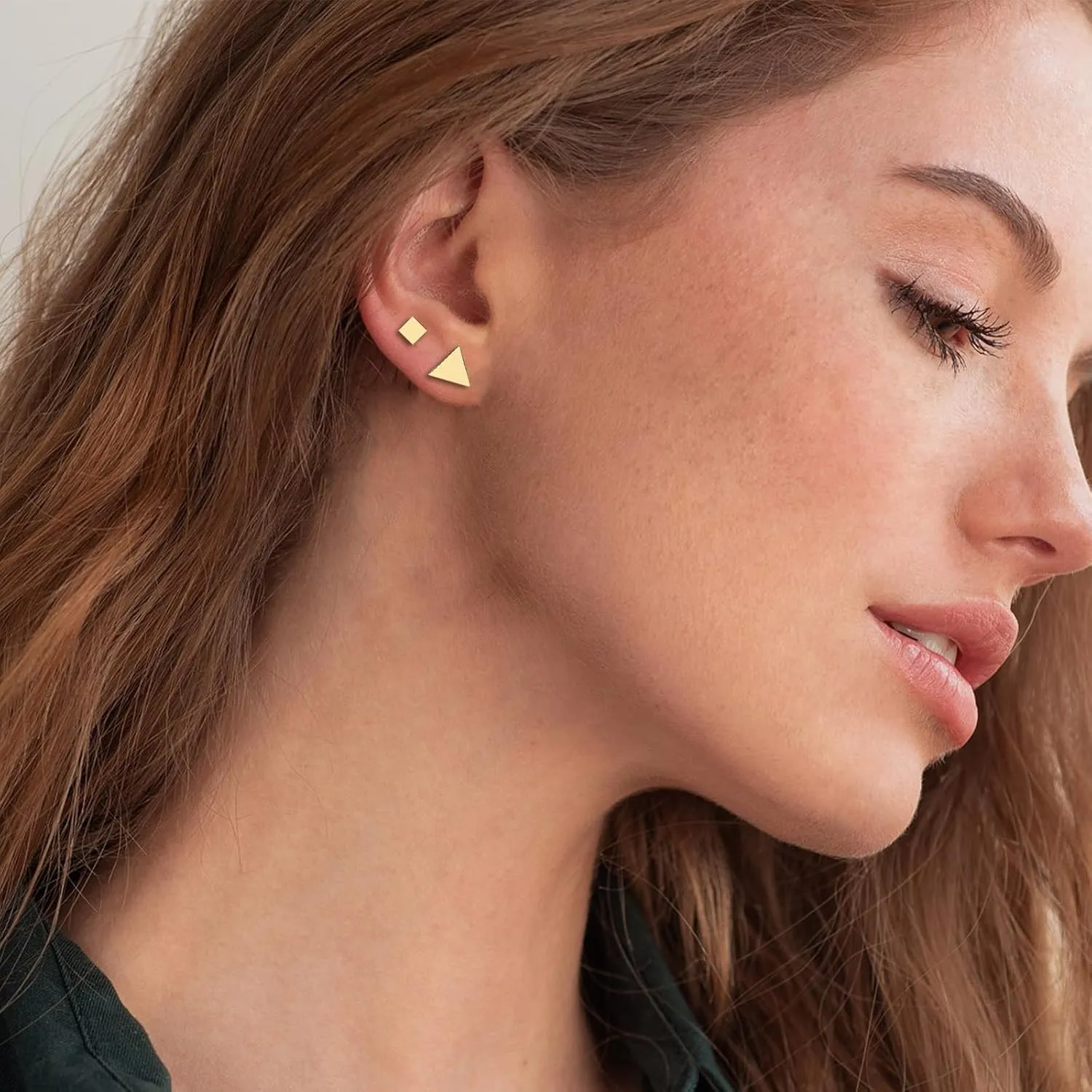 Gold Triangle Stud Earrings 14K Gold Stud Earrings for Women Minimalist Circle Rectangular Geometric Earrings for Christmas Stocking Stuffers Gifts