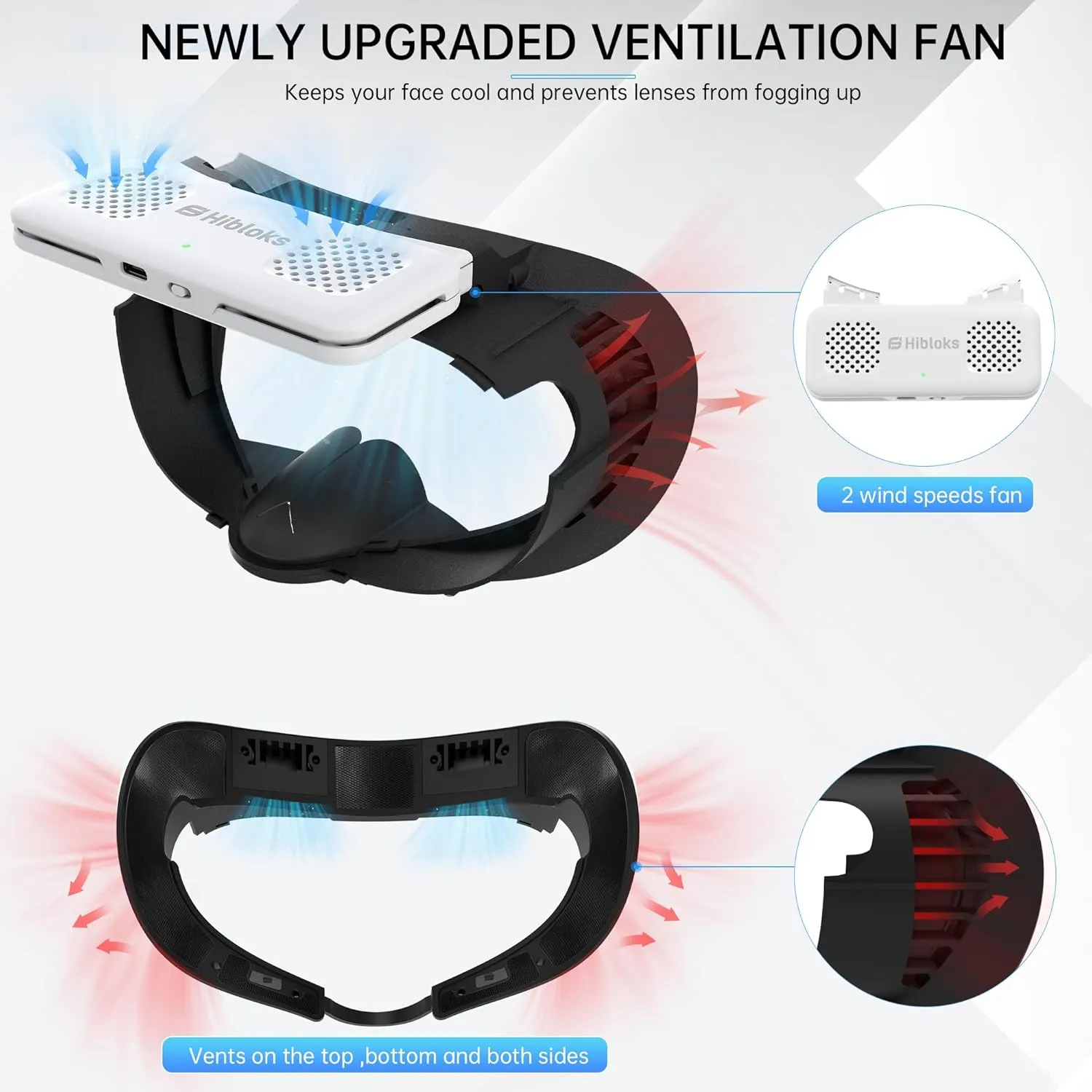 HiBloks Face Cover Pad with Cooling Fan for Meta Quest 3 Accessories, 2Pcs Face Cushion Cover Compatible with Oculus Quest 3 Fan Cooler, Replacement Facial Interface Relieve Lens Fogging (2 Speeds)