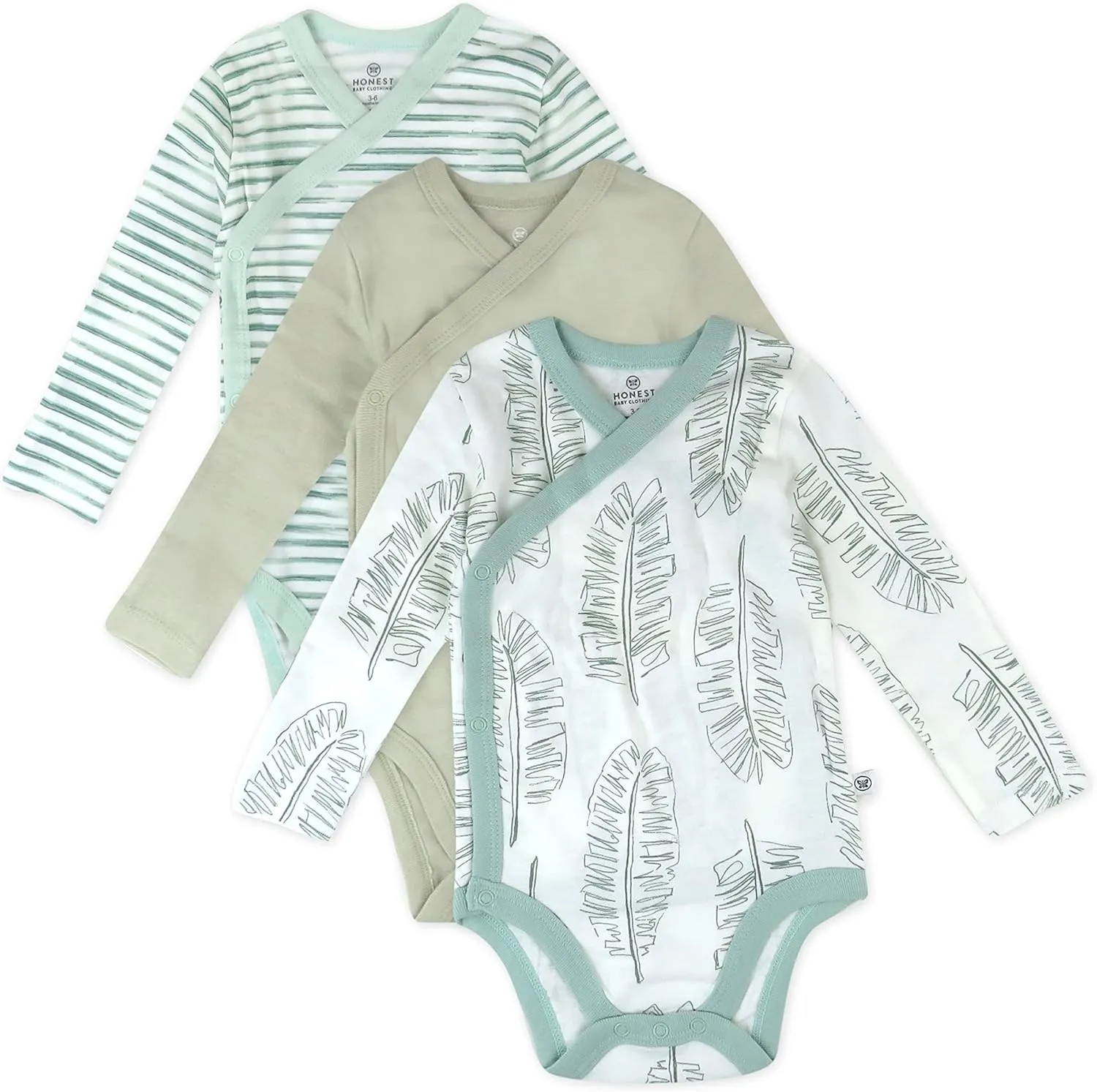 HonestBaby 3-Pack Organic Cotton Long Sleeve Side-Snap Kimono Onesies Bodysuits, Jumbo Leaf Sage, Newborn