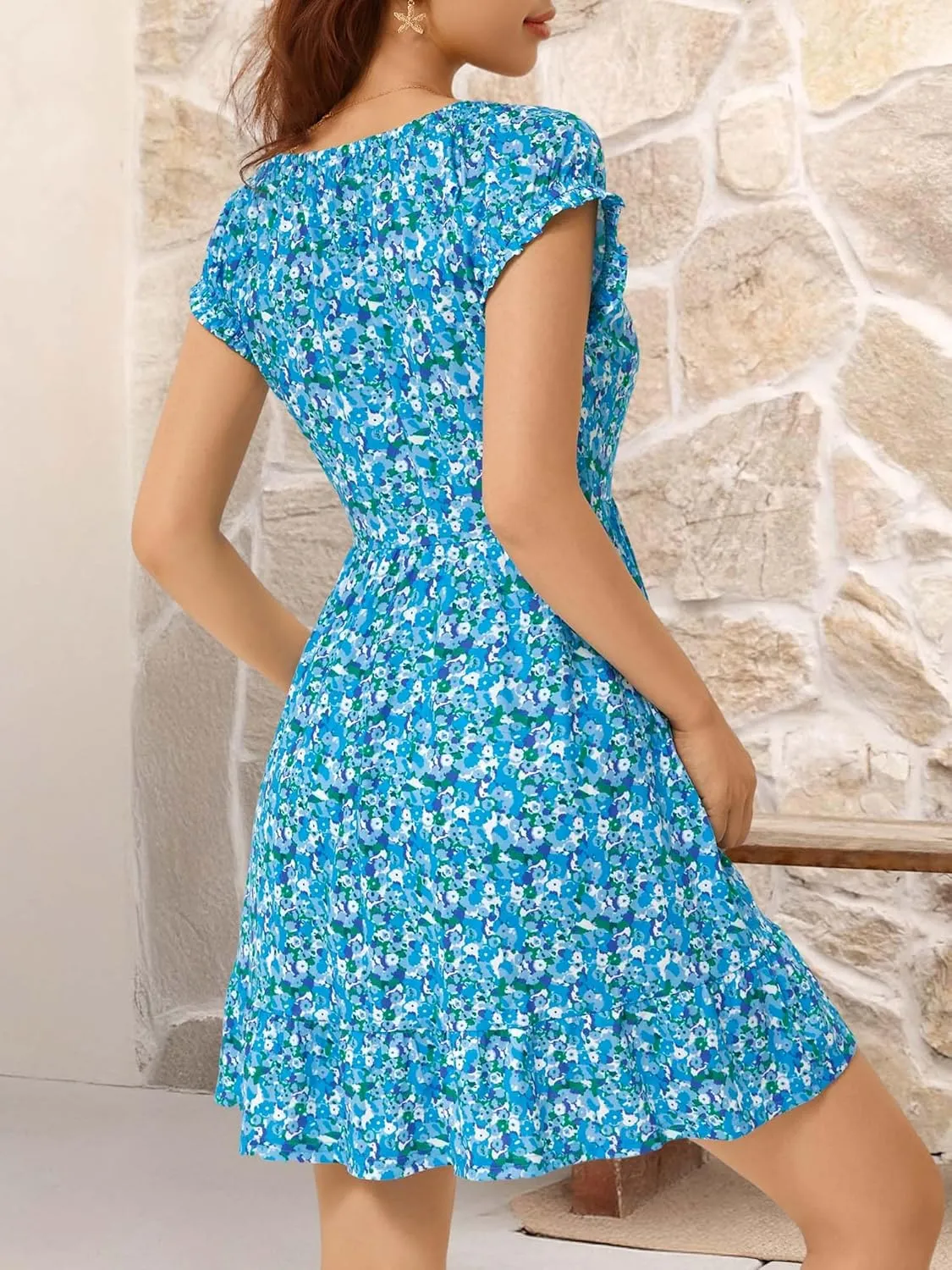 HUHOT Teen Petite Women Floral Short Summer Mini Dresses with Pockets Cute Milkmaid Sundress