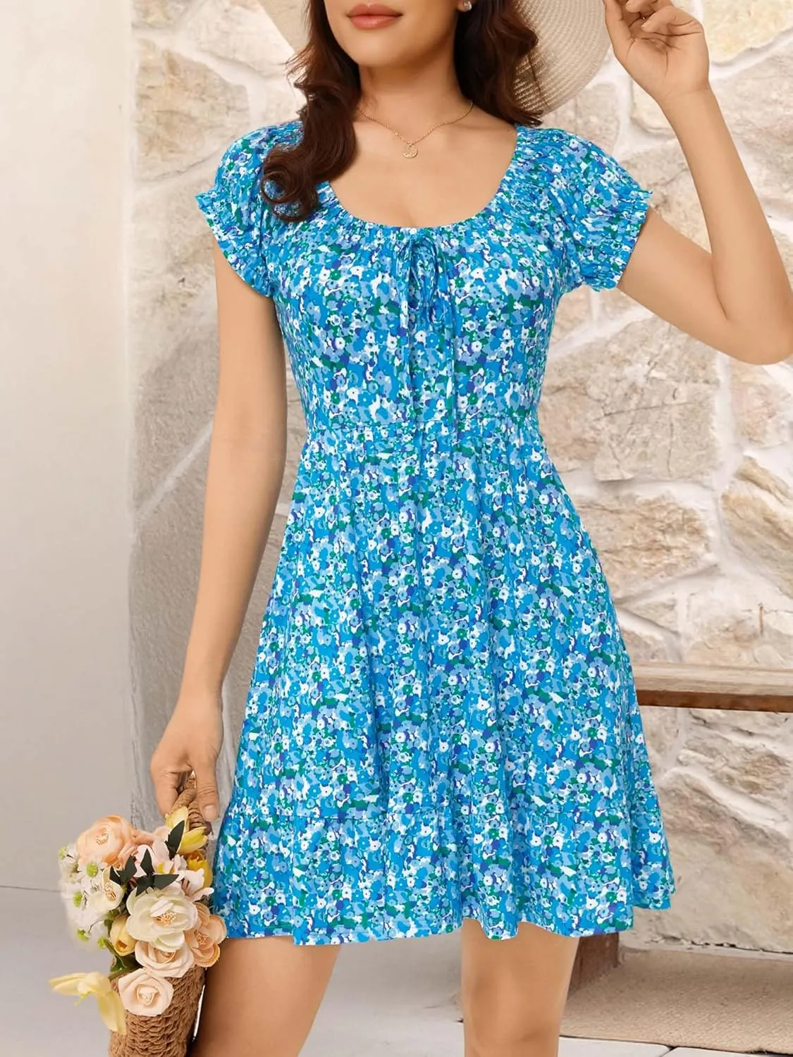 HUHOT Teen Petite Women Floral Short Summer Mini Dresses with Pockets Cute Milkmaid Sundress