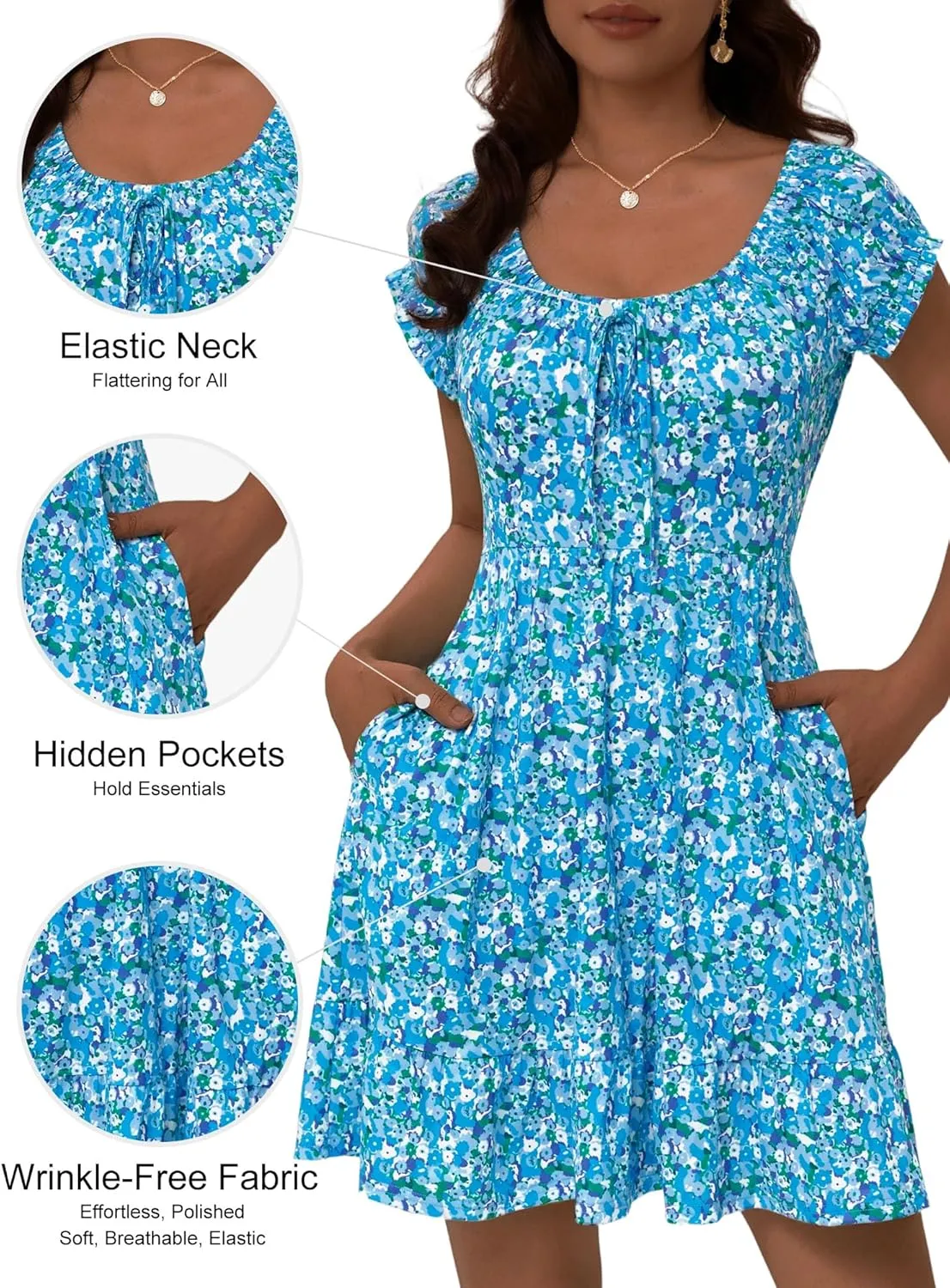 HUHOT Teen Petite Women Floral Short Summer Mini Dresses with Pockets Cute Milkmaid Sundress