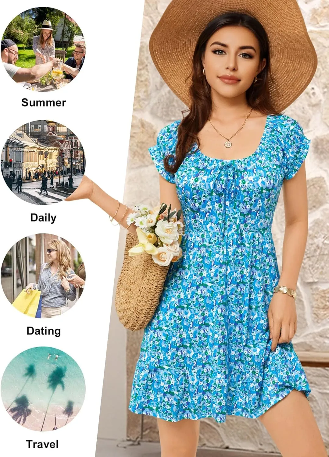 HUHOT Teen Petite Women Floral Short Summer Mini Dresses with Pockets Cute Milkmaid Sundress