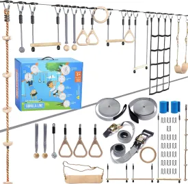 Hyponix Ninja Obstacle Course for Kids, 2x60ft slacklines,13 Weatherproof Obstacles,Supports 880lbs, Ratchet-Tight tech,Monkey net,Climbing & Swinging Backyard Fun (Grey, 2 x 60'   13 Obstacles)