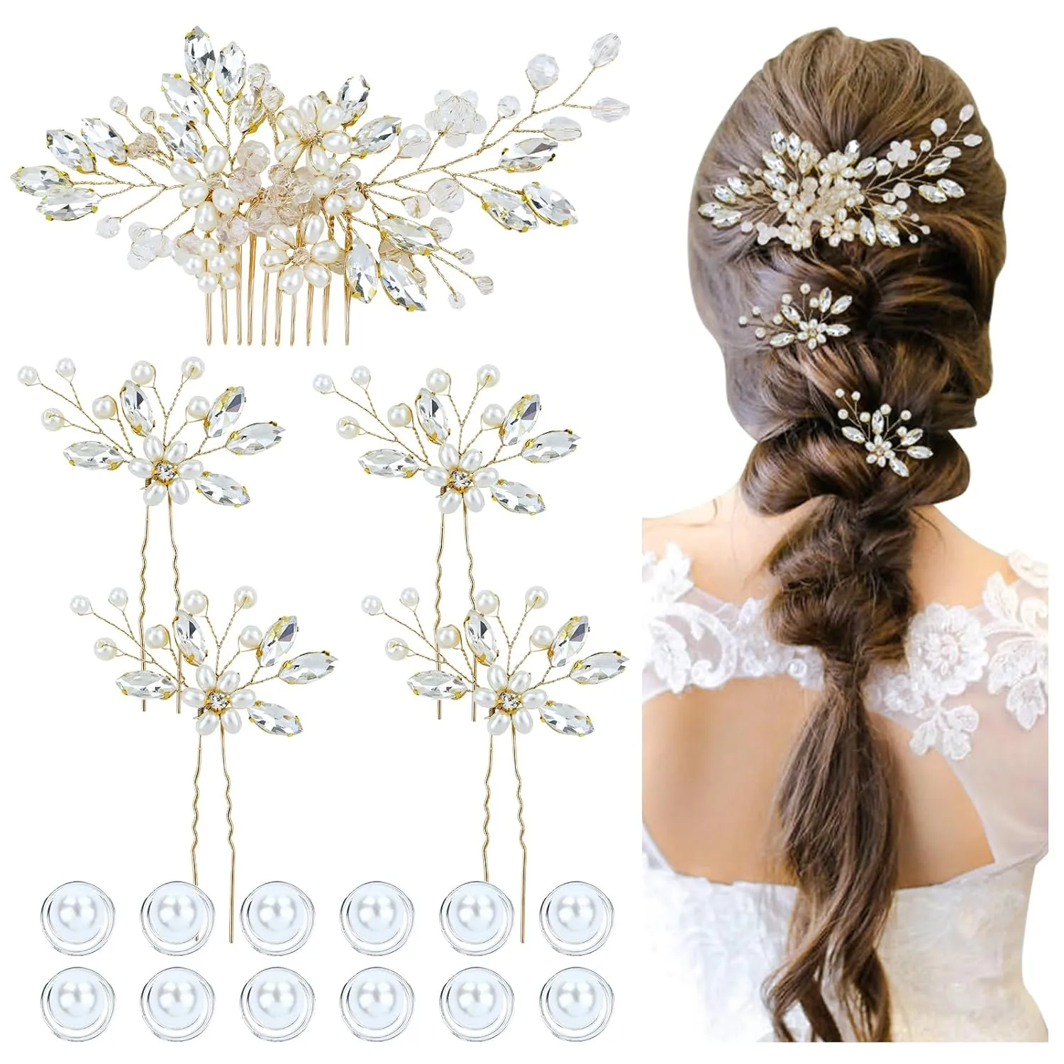 inSowni 17 Pieces Gold Metal Rhinestone Pearl Wedding Bridal Hair Side Comb Slides U-shaped Flower Hair Pins Pearl Twist Spiral Hairpins for Brides Bridesmaids Women Girls