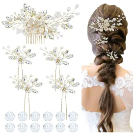 inSowni 17 Pieces Gold Metal Rhinestone Pearl Wedding Bridal Hair Side Comb Slides U-shaped Flower Hair Pins Pearl Twist Spiral Hairpins for Brides Bridesmaids Women Girls
