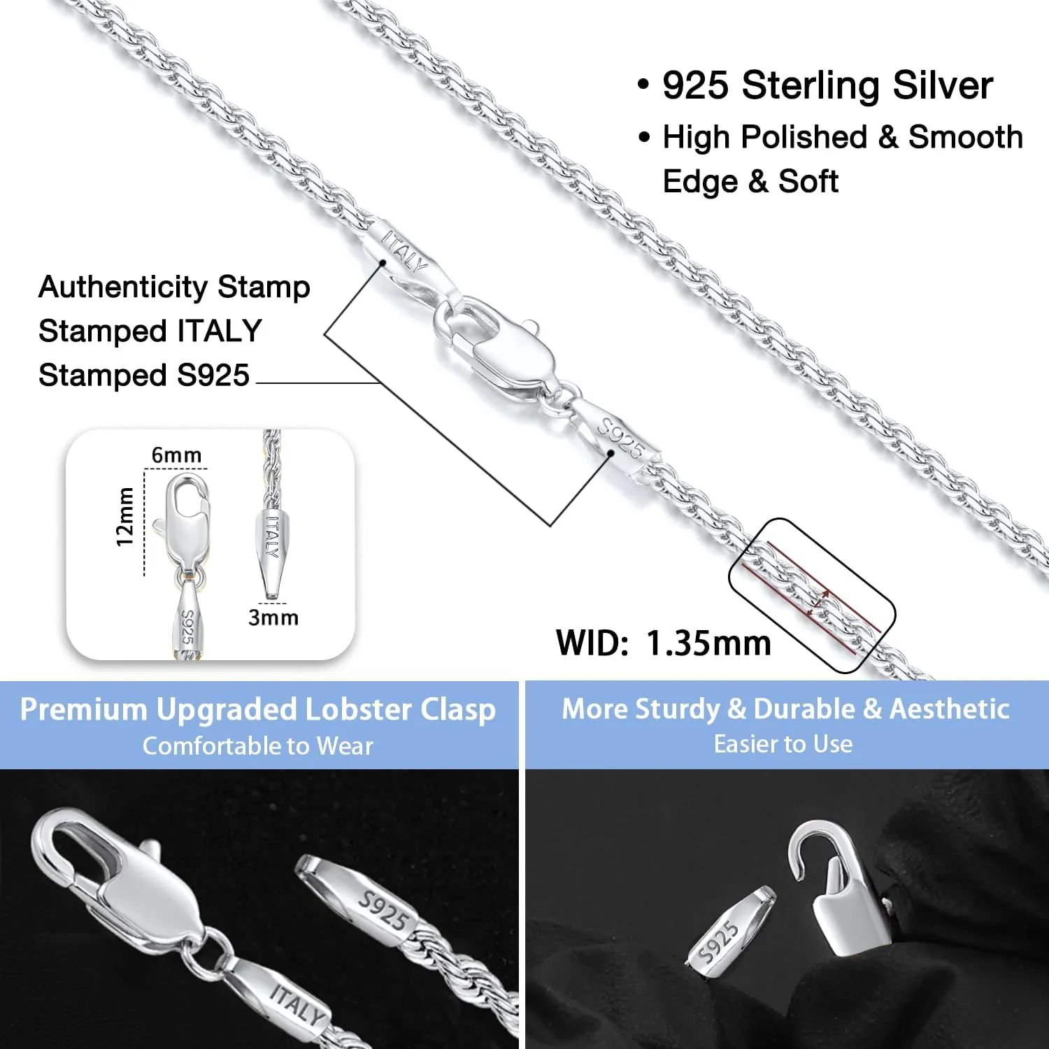 Jewlpire Solid 18K Gold Over 925 Sterling Silver Chain Necklace for Women, 1.35mm Rope Chain Italian Necklace Chain for Women Men Super Shiny & Durable Women's Chain Necklaces 18 20 22 24 Inch