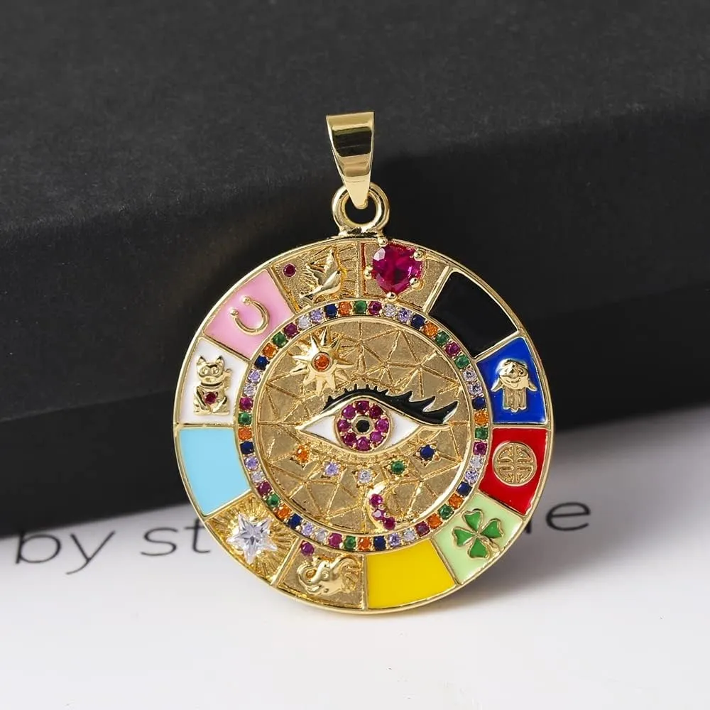 kelistom 14K Gold Plated Round Evil Eye Necklace for Women Men Boho Enamel Zircon Inlay ojo Hamsa Turkish Greek Evil Eye Pendant Necklaces| 3mm Figaro Chain Necklace