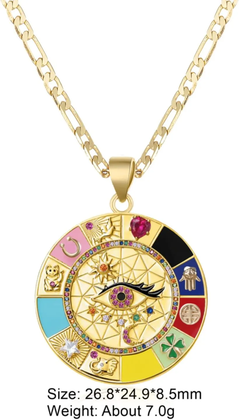 kelistom 14K Gold Plated Round Evil Eye Necklace for Women Men Boho Enamel Zircon Inlay ojo Hamsa Turkish Greek Evil Eye Pendant Necklaces| 3mm Figaro Chain Necklace