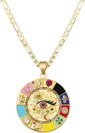 kelistom 14K Gold Plated Round Evil Eye Necklace for Women Men Boho Enamel Zircon Inlay ojo Hamsa Turkish Greek Evil Eye Pendant Necklaces| 3mm Figaro Chain Necklace