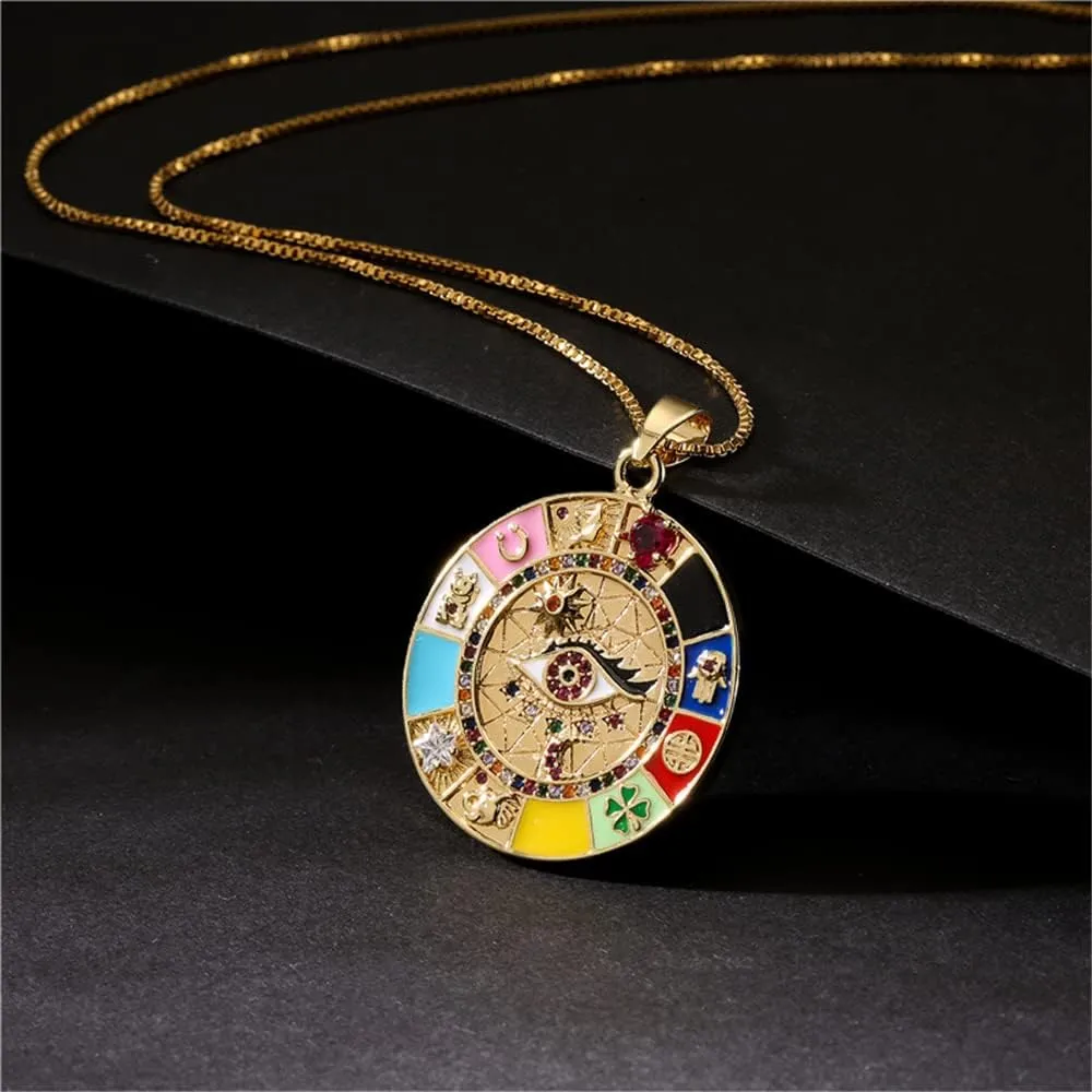 kelistom 14K Gold Plated Round Evil Eye Necklace for Women Men Boho Enamel Zircon Inlay ojo Hamsa Turkish Greek Evil Eye Pendant Necklaces| 3mm Figaro Chain Necklace