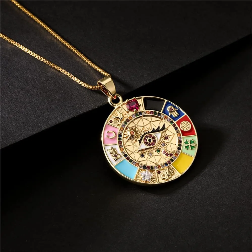 kelistom 14K Gold Plated Round Evil Eye Necklace for Women Men Boho Enamel Zircon Inlay ojo Hamsa Turkish Greek Evil Eye Pendant Necklaces| 3mm Figaro Chain Necklace