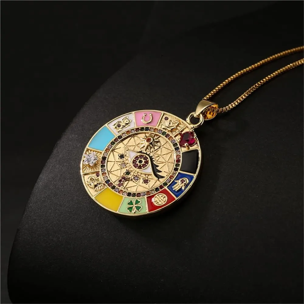 kelistom 14K Gold Plated Round Evil Eye Necklace for Women Men Boho Enamel Zircon Inlay ojo Hamsa Turkish Greek Evil Eye Pendant Necklaces| 3mm Figaro Chain Necklace