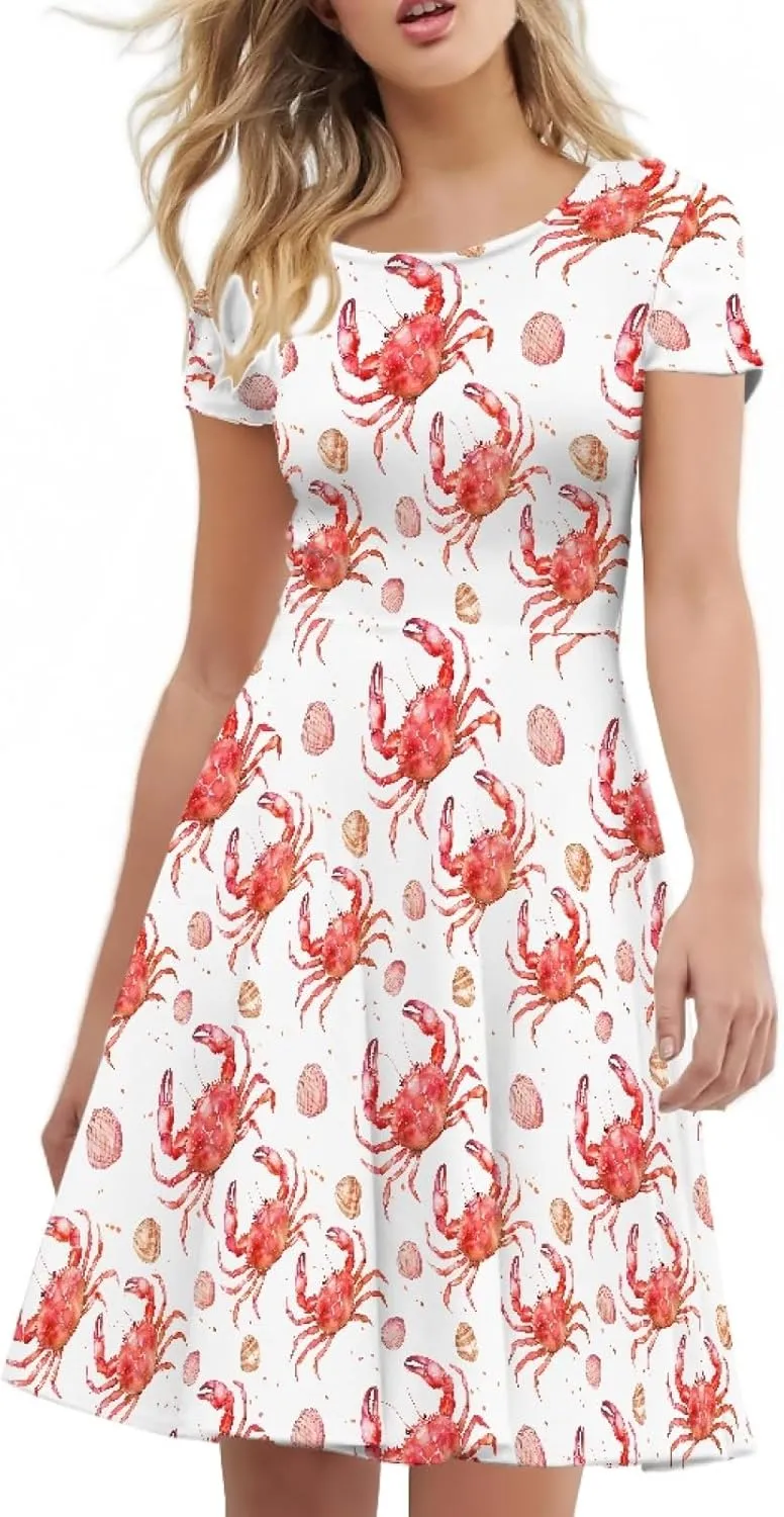 KiuLoam Women Summer Midi Dresses Short Sleeve Crew Neck A Line Dress Party Elegant Casual Dresses Plus Size S-4XL