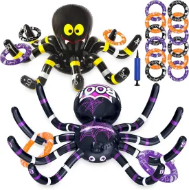 Max Fun Halloween Ring Toss Games for Kids, 2 Pack Inflatable Spiders Set Halloween Party Favor Supplies Holiday Carnival School Decoration Outdoor Indoor Spooky Creepy Game