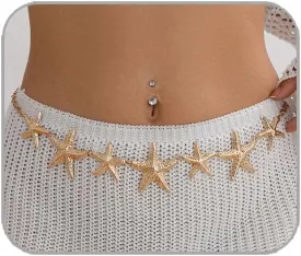 Mermaids Starfish Pearl Waist Chain Belt for Women Mermaids Gold Starfish Shell Belly Waterproof Body Chain Pirate Costume Women(style3)